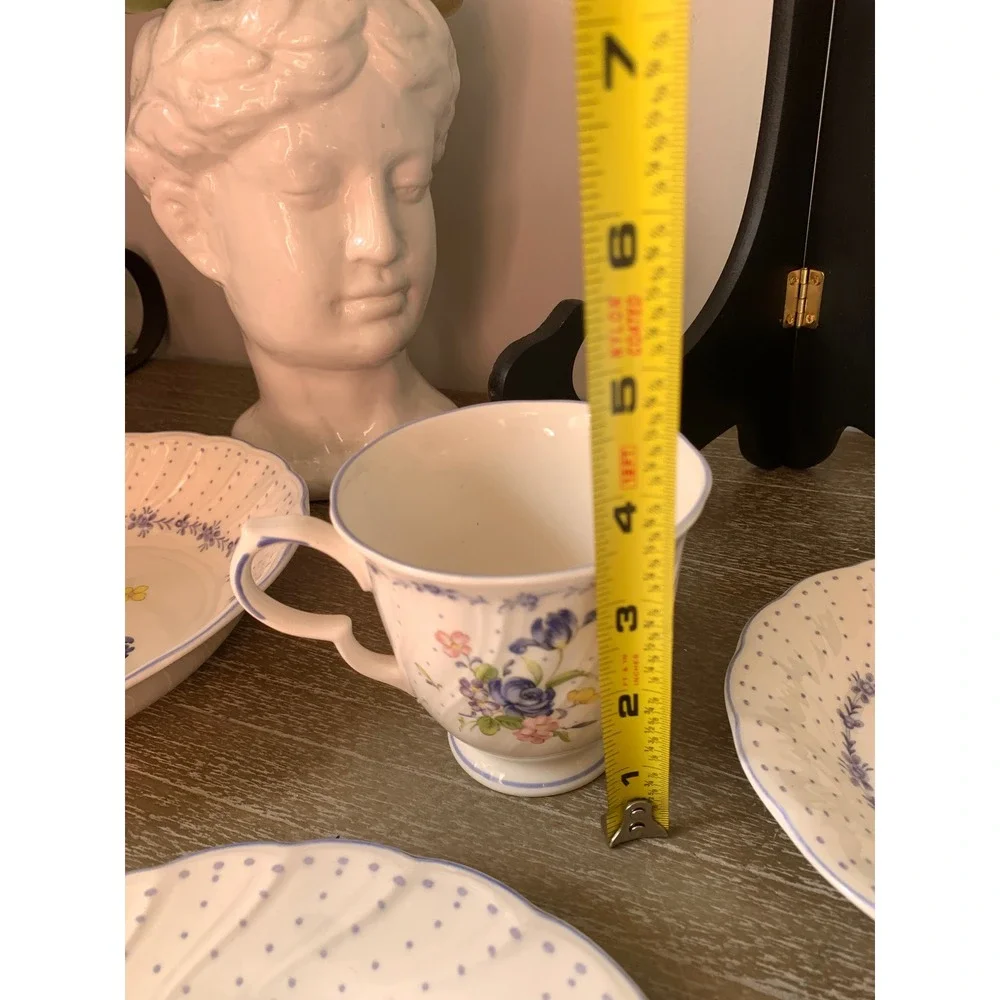 Nikko Blue Floral Polka Dot Porcelain Dinnerware 4pc Cottagecore Scalloped Rim